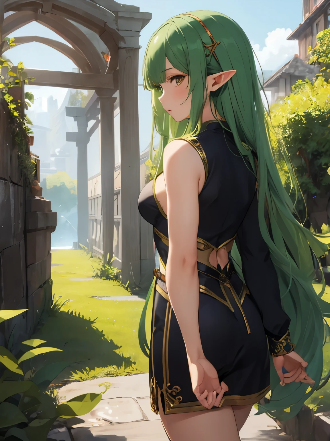 male elf, fantasy clothes, cheongsam, long green hair, side view, walking sprite, crossdressing man, handsome