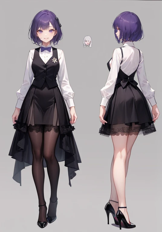 ((Perfect Face)),Purple Hair,short hair,1 female,bartender,,Black vest,skirt,slit,High heels,((Simple light color background)),((smile)),((Full Body)),((full body)),Portraits,Character Sheet,upright,expensive