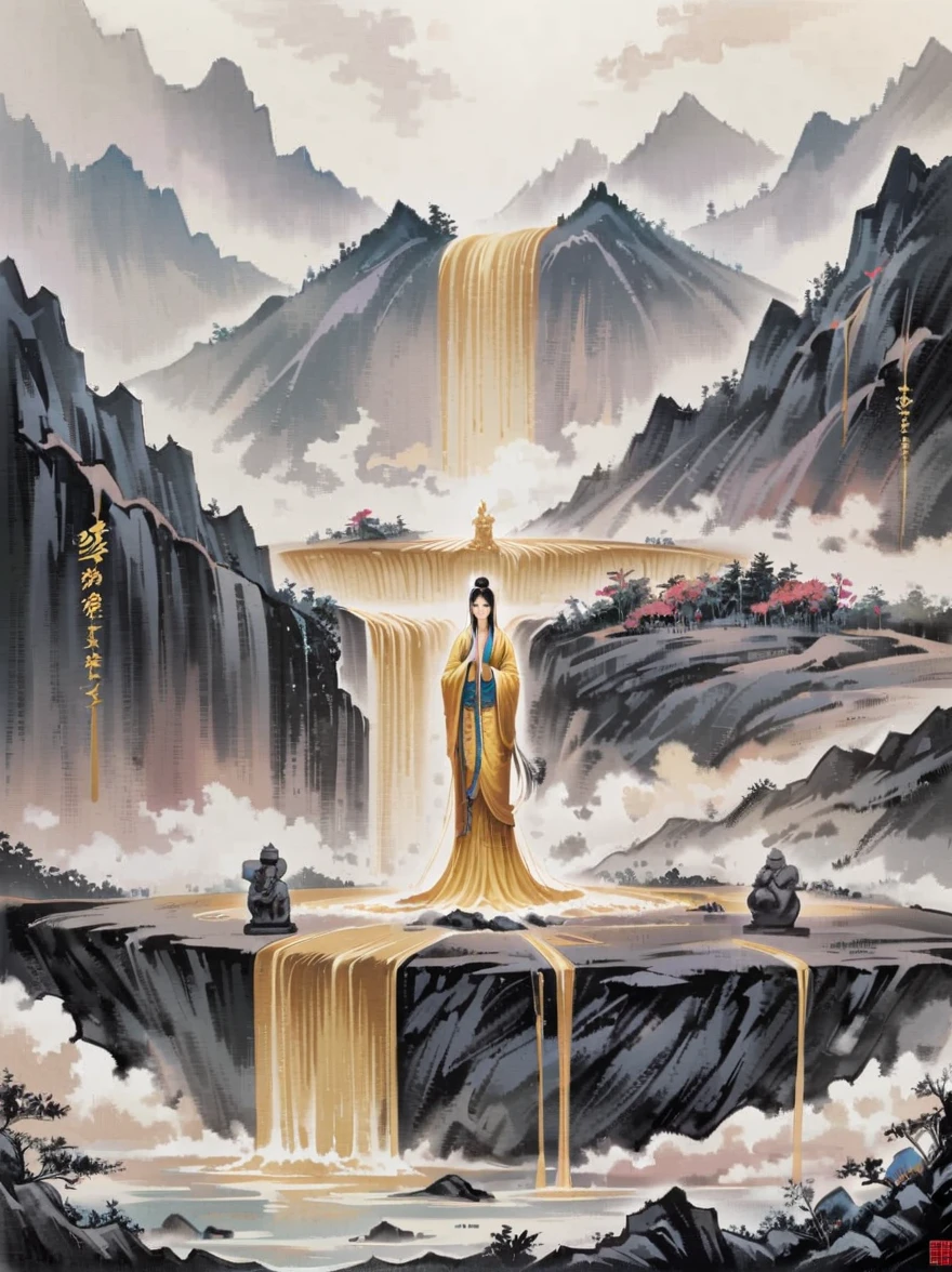 Zao Wou-Ki,Imagine a place under a dark sky,A golden waterfall flowing from the source of light,Bringing light to the silent earth,Creates a surreal and silent atmosphere,Ultimate texture,Lapis Lazuli and Gold,Layers of mountains,Many, many Buddha statues