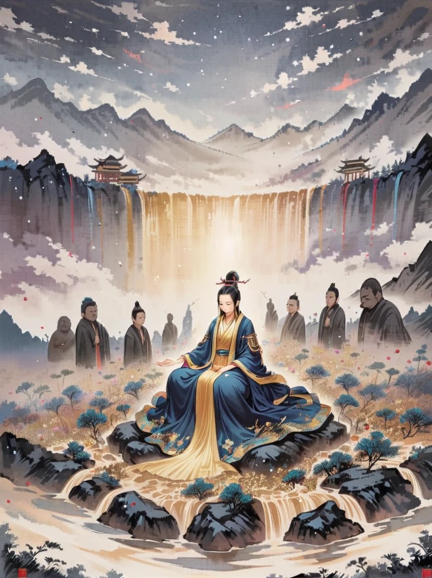 Zao Wou-Ki,Imagine a place under a dark sky,A golden waterfall flowing from the source of light,Bringing light to the silent earth,Creates a surreal and silent atmosphere,Ultimate texture,Lapis Lazuli and Gold,Layers of mountains,Many, many Buddha statues