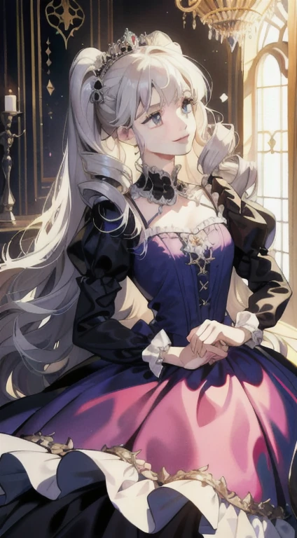 Dramatic composition, court-style dresses, royal, gorgeous, cascading frills, ruffles, bows, crystal chandeliers, Roman curly hairstyles, ponet, double ponytails like drills, look at the camera, bangs, maximalism, palatial background, delicate portrayal of hair and eyes, princess dresses, gorgeous skirts, flowers in hand, smiles, starry eyes, cinematic light, extreme detail, high definition, happy girl, very long hair, diamonds, broken diamonds, crystal fragments, light particles