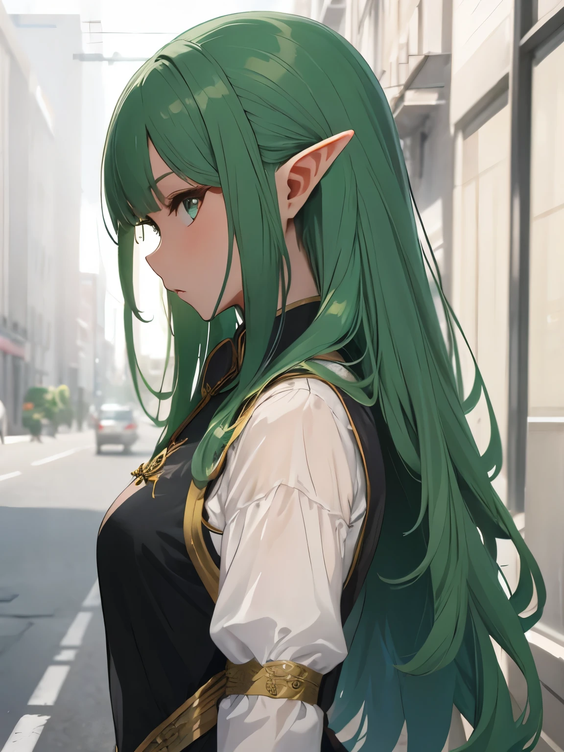 male elf, fantasy clothes, cheongsam, long green hair, side view, walking sprite, crossdressing man, handsome