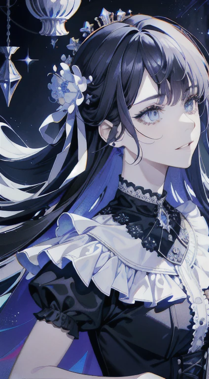 Dramatic composition, court-style dresses, royal, gorgeous, cascading frills, ruffles, bows, crystal chandeliers, Roman curly hairstyles, ponet, double ponytails like drills, look at the camera, bangs, maximalism, palatial background, delicate portrayal of hair and eyes, princess dresses, gorgeous skirts, flowers in hand, smiles, starry eyes, cinematic light, extreme detail, high definition, happy girl, very long hair, diamonds, broken diamonds, crystal fragments, light particles