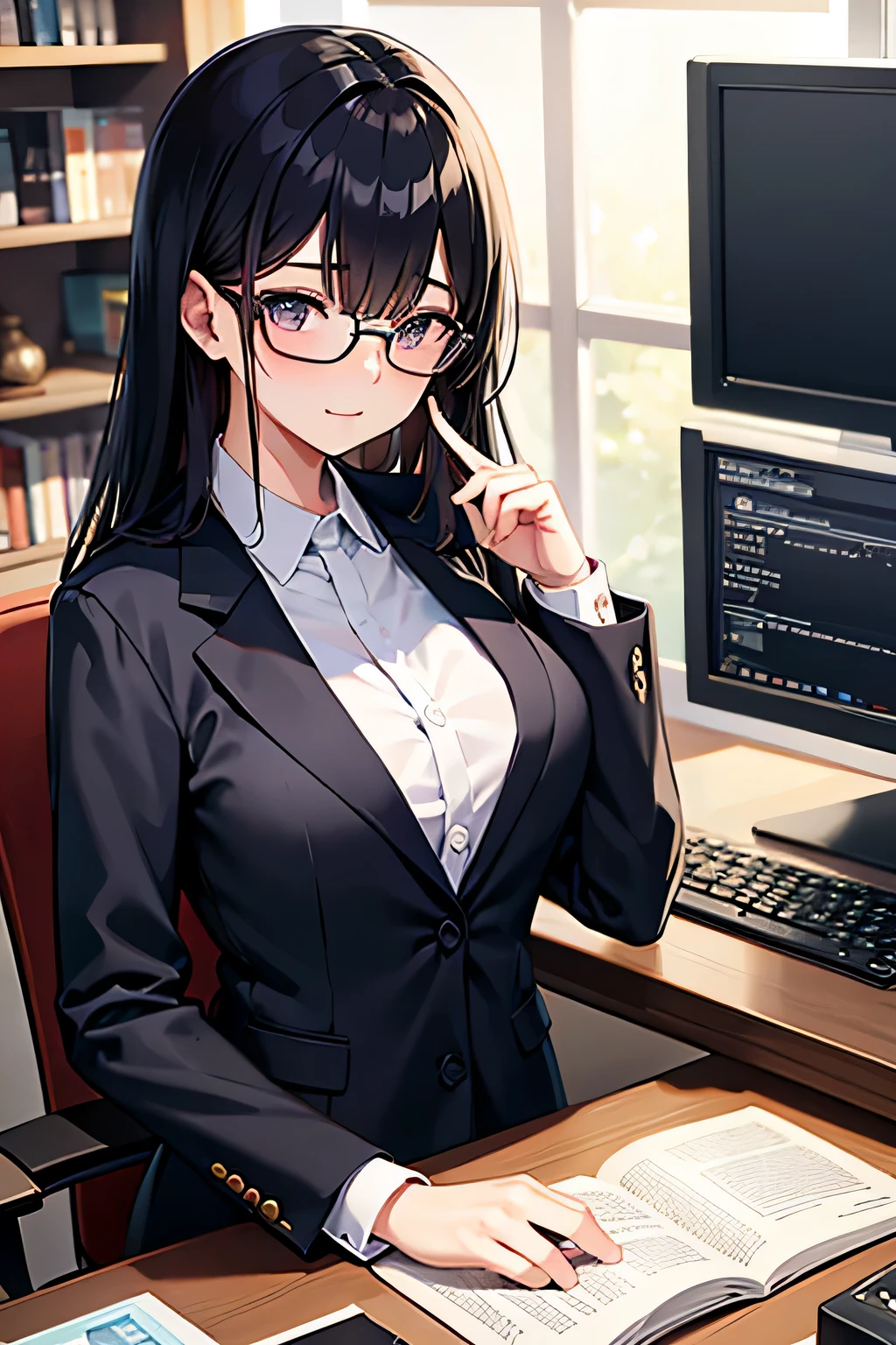 Glasses、Beauty、computer,Japanese、Black Hair,suit、gorgeous,one's home,