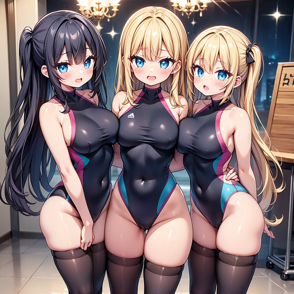 (cute eyes:1.2), (sparkling eyes:1.2), highest quality,wonderful,finely,extremely detailed CG Unity 8K wallpaper, (Stand in line:1.2), (3 girls, clothed), (competition swimsuit :1.1), (midium breasts), (open mouth:1.1), (long tongue:1.1), (mouth drool:1.1), (black stockings:1.1),(Thighs:1.1),(Waistline:1.1)