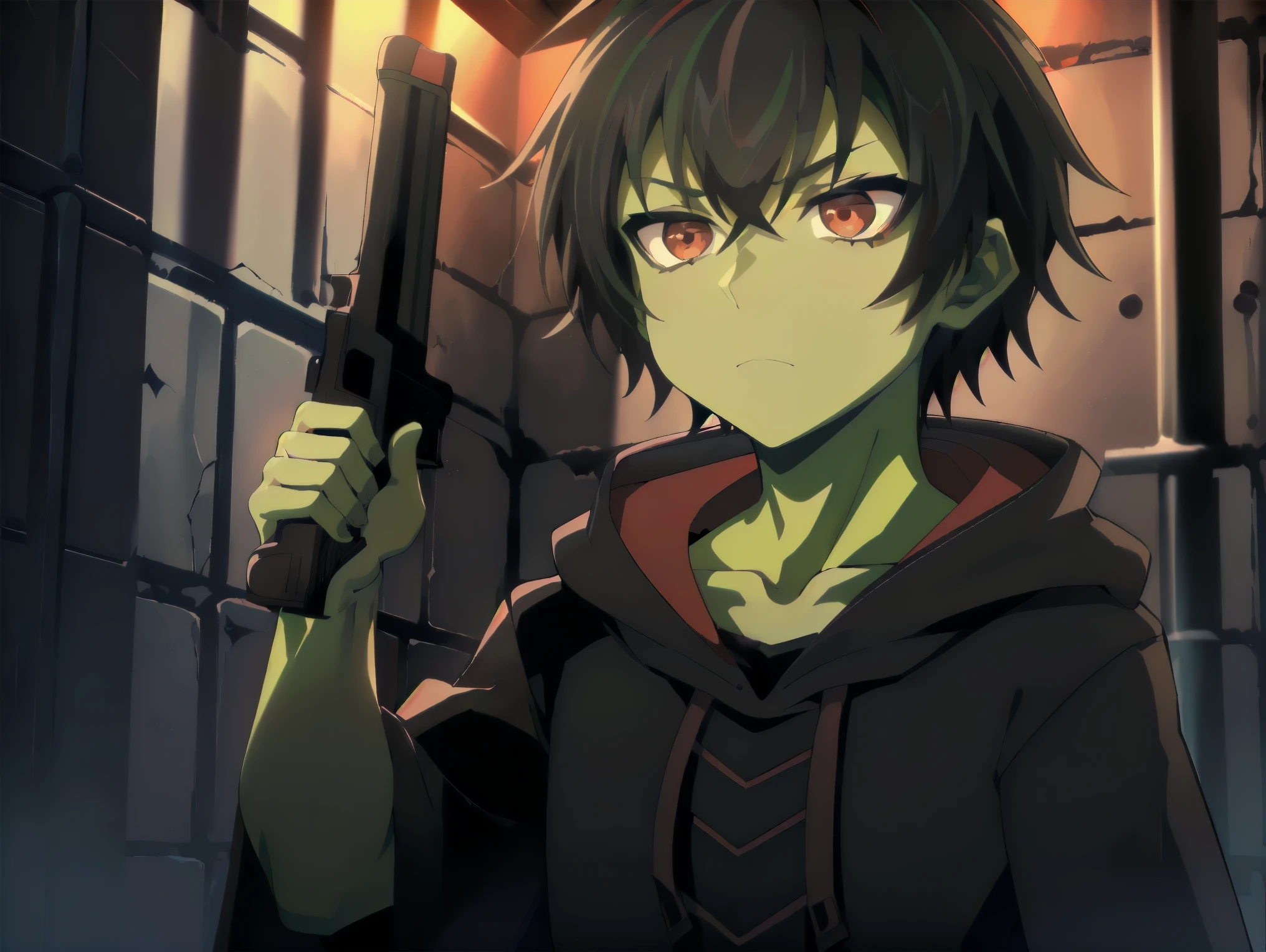 ((((Green skin toon)))), (((1Boy))), ((((short black hair)))), (((red ligth eyes))), ((Wearing a black cloak with a hood)), ((((Holding a shotgun in one hand)))), (((Inside a dungeon))), ((best quality)), (detailed), ((style novel)), beautiful cores, ((anime_Colores)), (Solo)