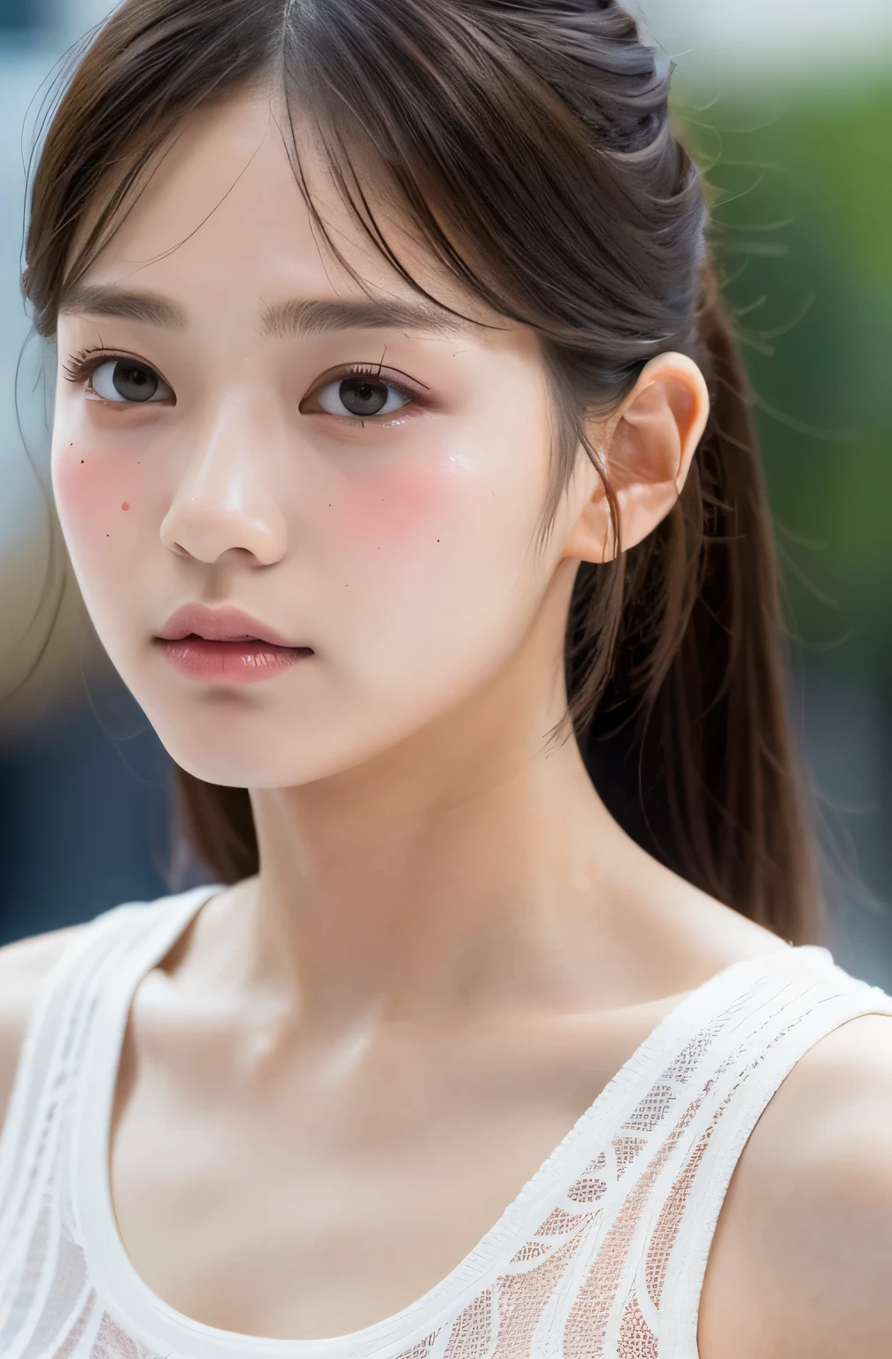 masterpiece, highest quality, Ultra-high resolution, colorful, Flat color 1 girl, Audience, Ballet club girl, Sweaty cheeks, Detailed Texture, Detailed cloth texture, Beautifully detailed face, Adult atmosphere, Exposure, Upper body close-up, Blurred Background, bangs, big: 1.4