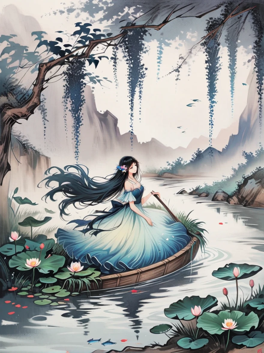 Fluid oil painting，Monet oil painting style，Beautiful woman with long flowing hair and white gauze，Water Lily，Fairy Tale Style，Light and shadow mottled，flower，water，Small fish at the bottom of the river，Fantastic surreal，chiffon，Romantic ancient style，Starry Sky