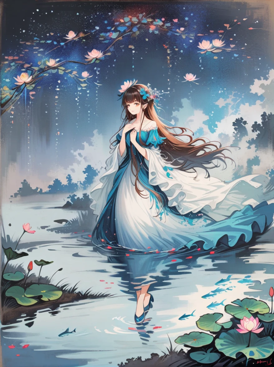 Fluid oil painting,Monet oil painting style,Beautiful woman with long flowing hair and white gauze,Water Lily,Fairy Tale Style,Light and shadow mottled,flower,water,Small fish at the bottom of the river,Fantastic surreal,chiffon,Romantic ancient style,Starry Sky