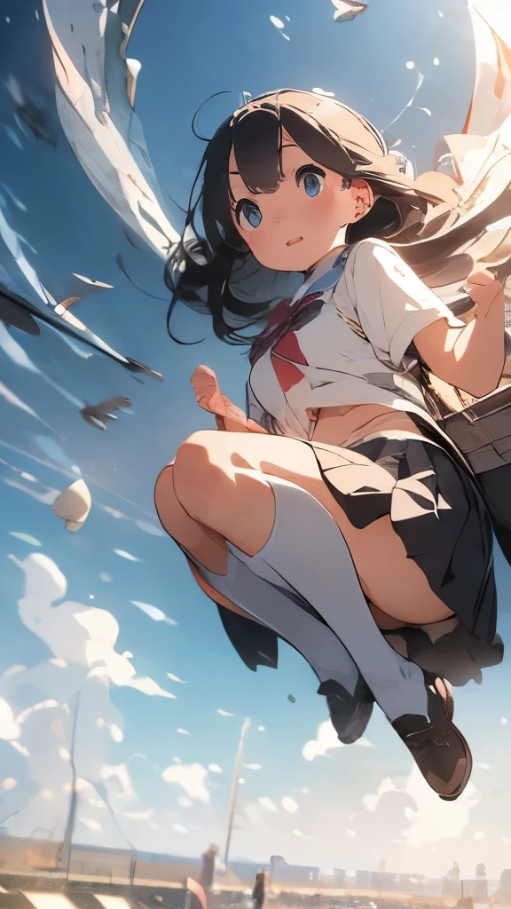 (Detailed and delicate face), (top-quality, ultra-definition, high resolution), (beautiful and delicate eyes), (high quality), (Best illustration),1girl, jump, flying in the sky, air, weightlessness, falling, School Uniforms low angle, very wide shot,