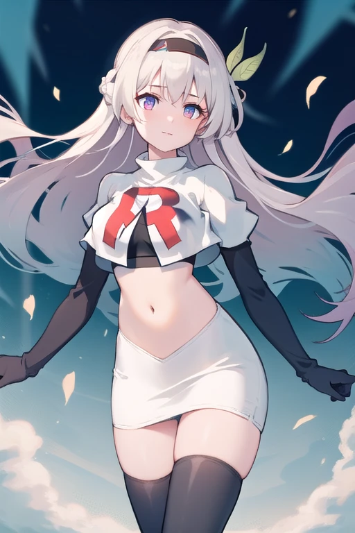 1girl, firefly \(honkai: star rail\), solo, hairband, hair ornament, cowboy shot, floating hair, depth of field, team rocket,team rocket uniform,white skirt,red letter R,crop top,black thigh-highs,black elbow gloves