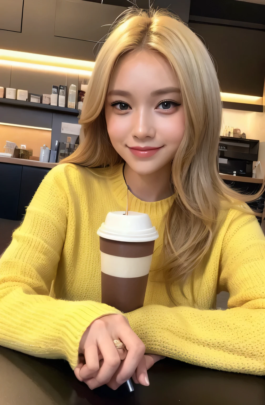 Cute beautiful blonde in a yellow sweater (Drinking coffee in a modern cafe at sunset), Very detailed, , Innocent face, Naturally Wavy Hair, blue eyes, High resolution, masterpiece, highest quality, Intricate details, Very detailed, Sharp focus, Fine skin, Realistice Hauttextur, texture, Fine grain, Professional, 4K, Cute Smile, Taken with a Canon, 85mm, Depth of written boundary, Kodak Vision Color, Perfectly Fit Body, Very detailed, photograph_\(Ultra\), fotoRealistic, Realistic, Post-processing, Maximum detail, Roughness, Real Life, UltraRealistic, photographrealismus, photographgrafie, 8K UltraHD, photographgrafie, Japan and Mix
