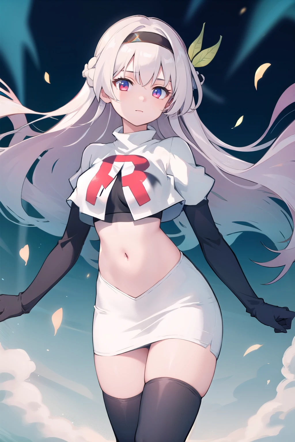 1girl, firefly \(honkai: star rail\), solo, hairband, hair ornament, cowboy shot, floating hair, depth of field, team rocket,team rocket uniform,white skirt,red letter R,crop top,black thigh-highs,black elbow gloves