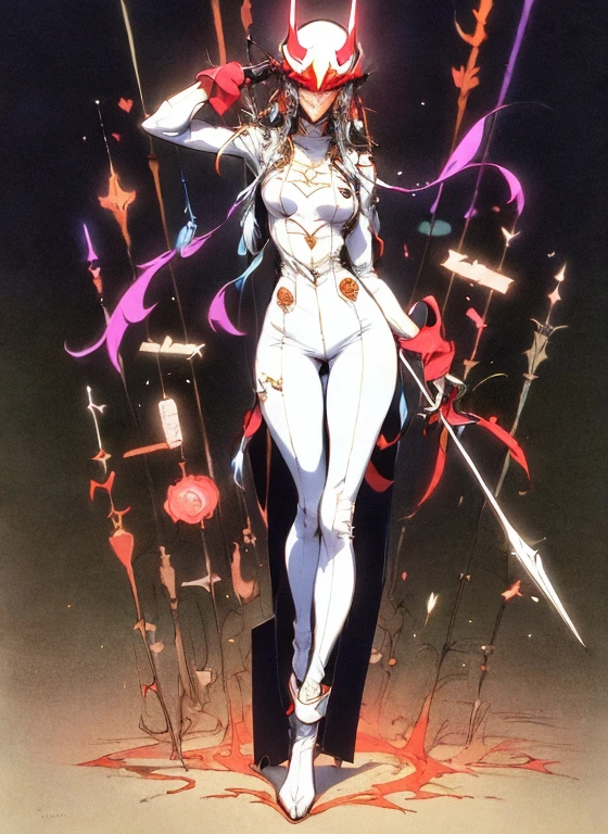 1 woman, perfect proportions, anatomically correct, (head to toe: 2.0), (full body image: 2.0), solo, (Casshern: 1.6), extremely stylized, deviant art, masterpiece, highly detailed, detailed eyes, expressive detailed eyes, detailed pupils, futuristic, ((1950s scifi helmet)), ((pointy helmet)), Rubber Gloss, (flightsuit:1.4), white boots, entire body image, full body shot, nvinkpunk, professional photograph of alexander_skarsgard, tassles, large beads, large tassels, navy blue and white, cyberpunk, inkpunk, paint platter, ink splatter, (action pose:1.0), ((holding a two pronged spear))