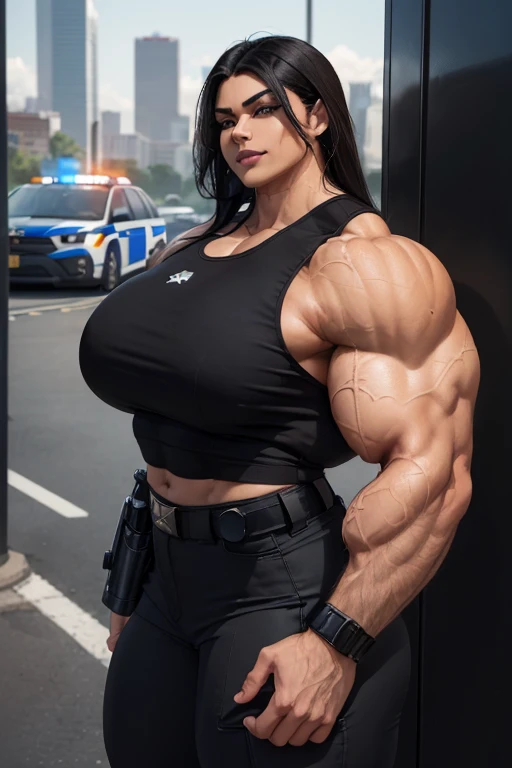 A HD 4K full body Photo of a beautiful, huge, enormous, buff, giant, Female bodybuilder, muscle goddess, huge arms and huge legs, giant boobs, enormous muscles, big beautiful eyes, long hair, walking barefoot, through busy traffic, long dark hair, wearing reading glasses, a tight vest and ripped jean shorts, green skin, photorealistic