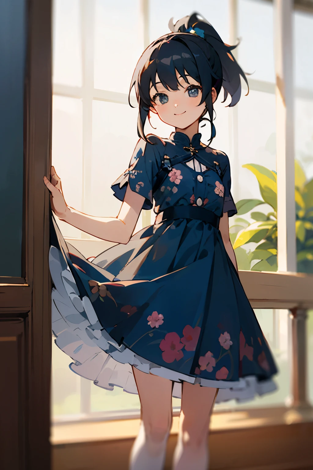 In the best quality、Teenage girl standing in a room。In high resolution、Beautiful details、Quiet atmosphere。Black hair ponytail、Cute Smile.。Wearing a cute floral blue dress。