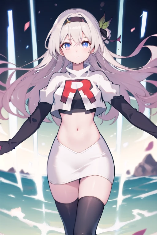 1girl, firefly \(honkai: star rail\), solo, hairband, hair ornament, cowboy shot, floating hair, depth of field, team rocket,team rocket uniform,white skirt,red letter R,crop top,black thigh-highs,black elbow gloves