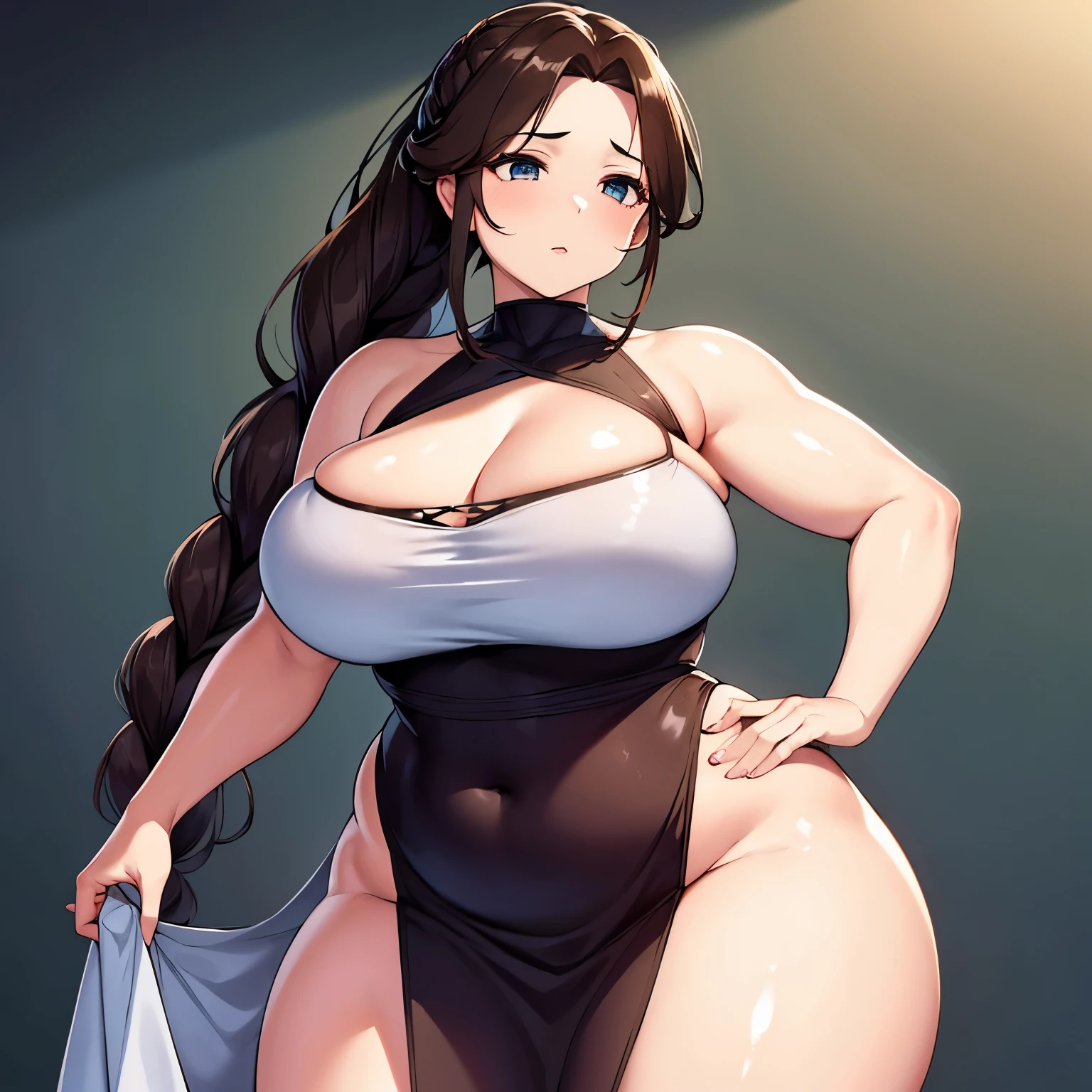 Beautiful girl modeling a beautiful dress, she's voluptuous, very pretty, her hair is in a braided ponytail, she has lustrous brown hair, her hips are wide, she's very fat