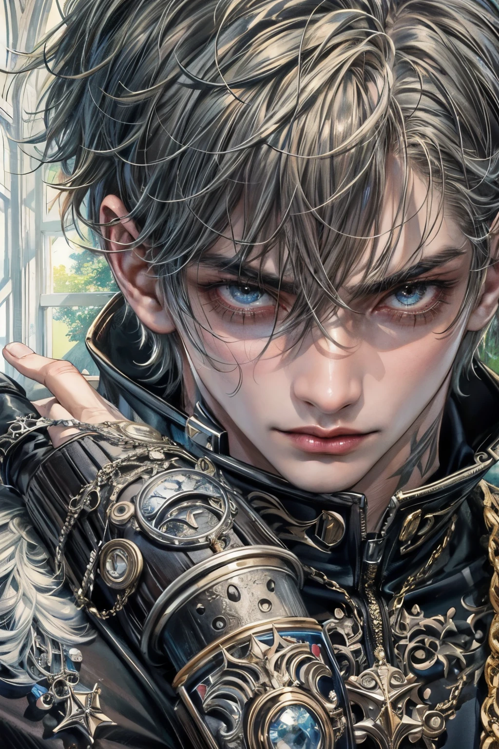 (masterpiece, top quality, best quality, official art, enchanting and aesthetic:1.2), (1 boy), angry face, male, guy, face focus, smokey eyes, teen guy, young man , emo, gothic emo look, extremely detailed, gothic ornate jewellery, nose piercing, choker, punk style, pale skin (realistic art:1.3),highest detail, kenouji, Teen, boy, young man, male, short hair, close-up face, perfect face, extremely clean details, extremely detailed gothic surrounding interior, calming view on window