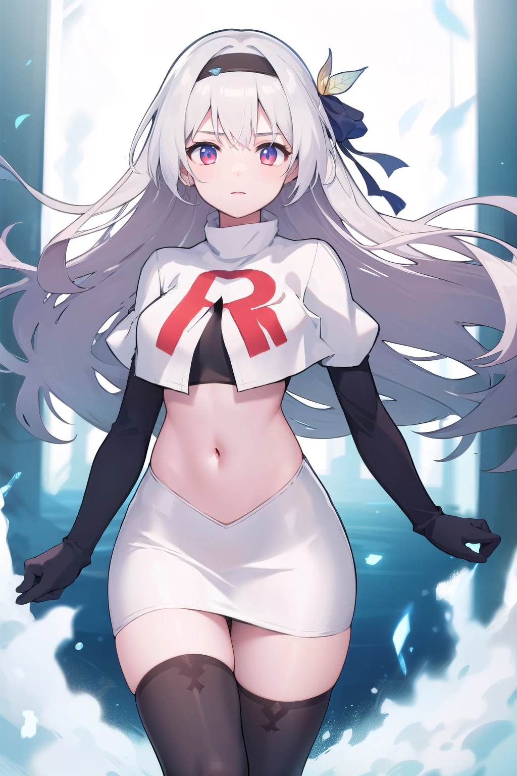 1girl, firefly \(honkai: star rail\), solo, hairband, hair ornament, cowboy shot, floating hair,  depth of field, team rocket,team rocket uniform,white skirt,red letter R,crop top,black thigh-highs,black elbow gloves