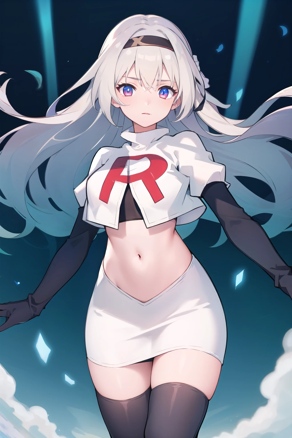 1girl, firefly \(honkai: star rail\), solo, hairband, hair ornament, cowboy shot, floating hair,  depth of field, team rocket,team rocket uniform,white skirt,red letter R,crop top,black thigh-highs,black elbow gloves