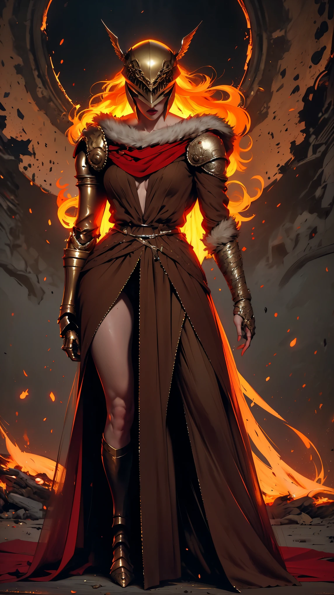 Highly detailed, High Quality, Masterpiece, beautiful, 1girl, prothestic leg, single mechanical arm, prosthesis, MaleniaDef, armor, cape, helmet, brown dress, full body,
