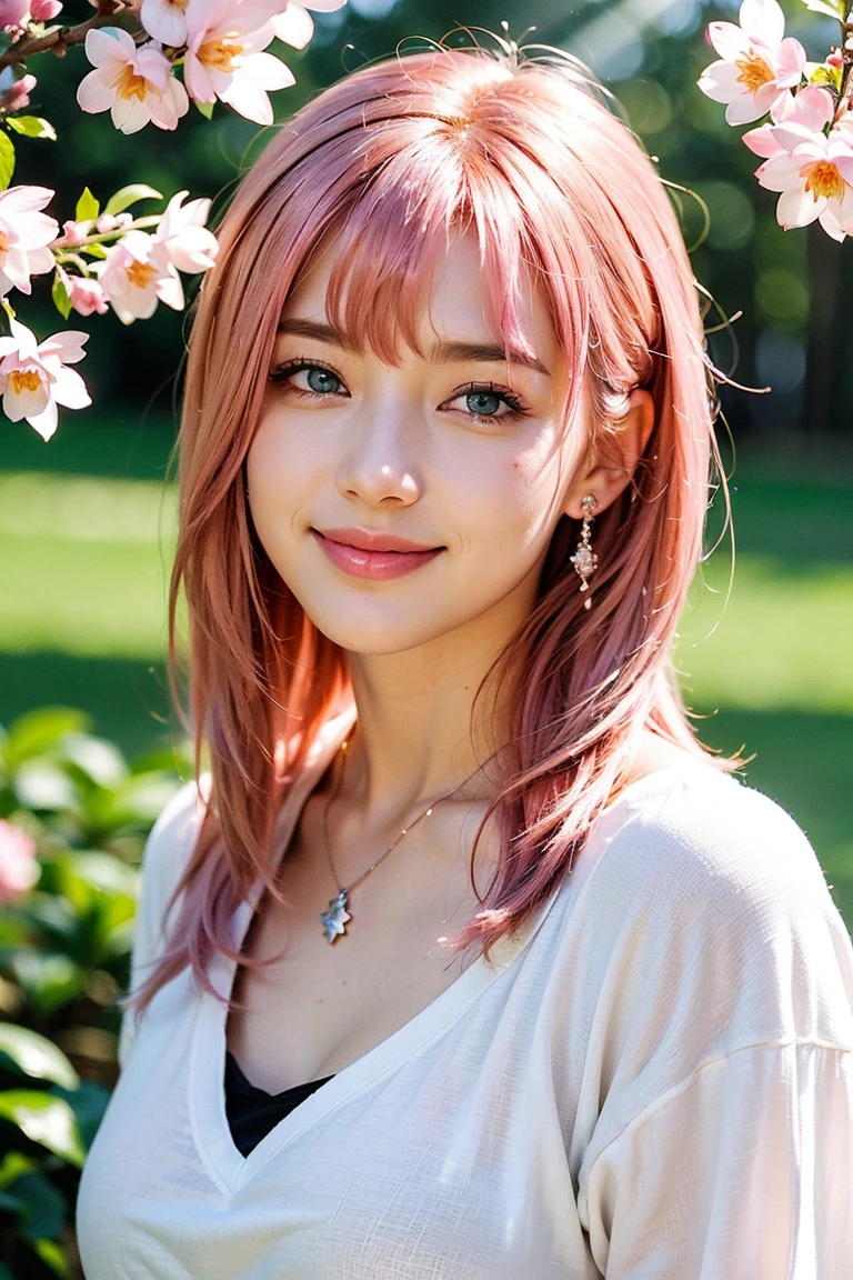 Save this image、Pale face and eyes:1.3、薄くてPale face and eyes:1.3, blue eyes:1.3、{highest quality}, {{masterpiece}}, {Very delicate and beautiful}, Extraordinary light and shadow, Highly detailed wallpaper, Sunny and bright, whole body, whole body、 1 girl, , blush:1.2、(Bushy pink hair:1.5)、Cut your bangs evenly at eyebrow height:1.5、Dark eyeliner、Thick eyebrows、Heavy makeup、Strong sunlight:1.5, (White T-shirt)、 Delicate Hair,Realistic skin texture, B cup breasts、Visible wrinkles on the skin., Broad shoulders:1.5, ((A strong light shines on your face:1.5)), Posing with her hair up:1.5, necklace、ring、earrings、(Smiling with teeth showing:1,5)、Background of a park with cherry blossoms in full bloom:1.5, Ray Tracing、Cowboy Shot:1.5