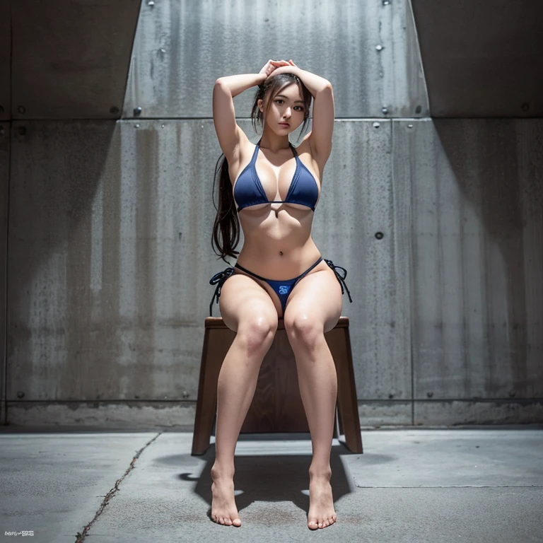 1 the most beautiful girl, only one girl, (from head to thigh, BLAKE, knees bending at 90 degrees, hands behind head, spreading foots widest, super-micro-bikini:1.5), (fine-featured the cutest serious face:1.5), (massive and well balanced round breasts:1.2), front body, fitness body, having abs, accurate human well-proportioned body, long arms and foots, Russian French Japanese and Korean mixed face, 28 years old, no-makeup, dark brown ponytail hair, Beautiful detailed eyes, Basement concrete wall background,masterpiece, Best Quality, Photo-realistic, Ultra-detailed, High resolution, professional lighting,