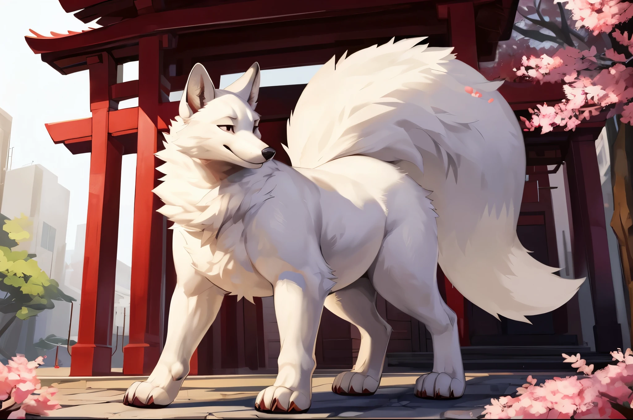 4k ultra quality, 4k full body view,(ultra high detailed body),((feral)) fox,by mystikfox61, by glitter trap boy,feral paws, by bebebebebe,by morethreedee, by seibear,(thick thigh),(chubby thigh),thicc thigh,thick legs,chubby legs,thicc legs,massive butt,enomorous thigh,massive thigh,massive legs,thick lower legs,wide legs,(detailed thigh),(wide thigh),fluffy belly sharp nails,((sfw)),(ultra detailed face),detailed eyes,big tail,fluffy tail,(detailed tail),enomorous tail,bigger tail,huge tail,volumetric light,muscle legs,big paws,(thick paws),fluffy paws,furry paws,enomorous paws,(feral focus), beast,(bigger lower body),(long legs),front view,master works, super fine, 4k resolution, high quality,high picture detail,dark fantasy,illusory engine, Masterpiece,dire fox,faint lighting,sakura,shrine,white fur,(feral) belly,charming (feral) body,chubby (feral) body,detailed shadow