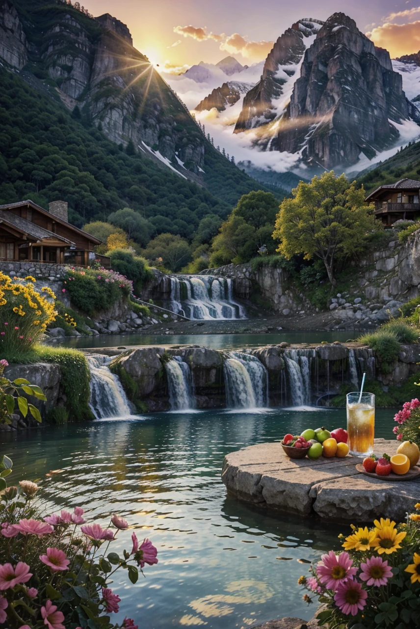 House, mountain, lake, waterfall, sunset, soft drinks, foods, fruit on the table, flowers, illustrated, detailed, vibrant colors, high resolution, realistic lighting