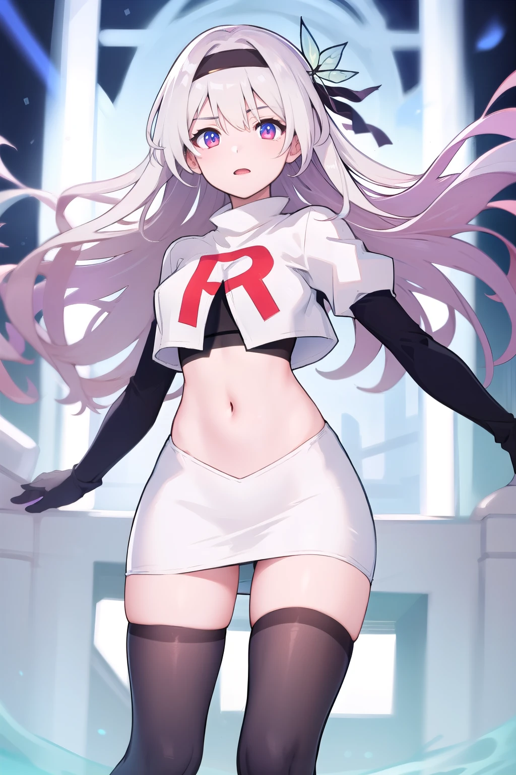 1girl, firefly \(honkai: star rail\), solo, hairband, hair ornament, cowboy shot, floating hair,  depth of field, team rocket,team rocket uniform,white skirt,red letter R,crop top,black thigh-highs,black elbow gloves