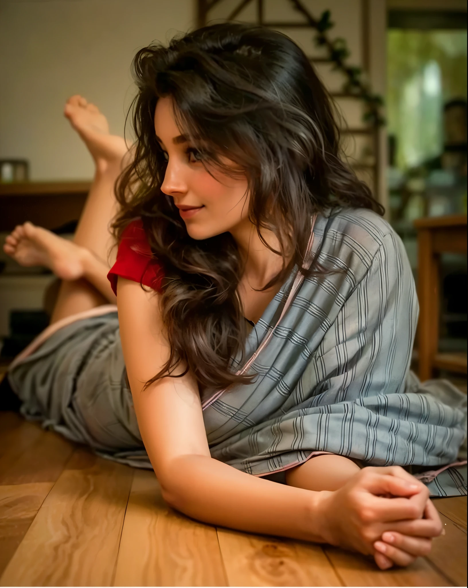 a hyper-realistic portrait of a young woman, in bra and panty, smiling, under a tree, inside a forest, in the middle of nature, 22 years old, realistic, (lying on her side), sexy, (huge breasts 2:1), short brown hair, (hair tied with bows), curved, SFW, looking at viewer 