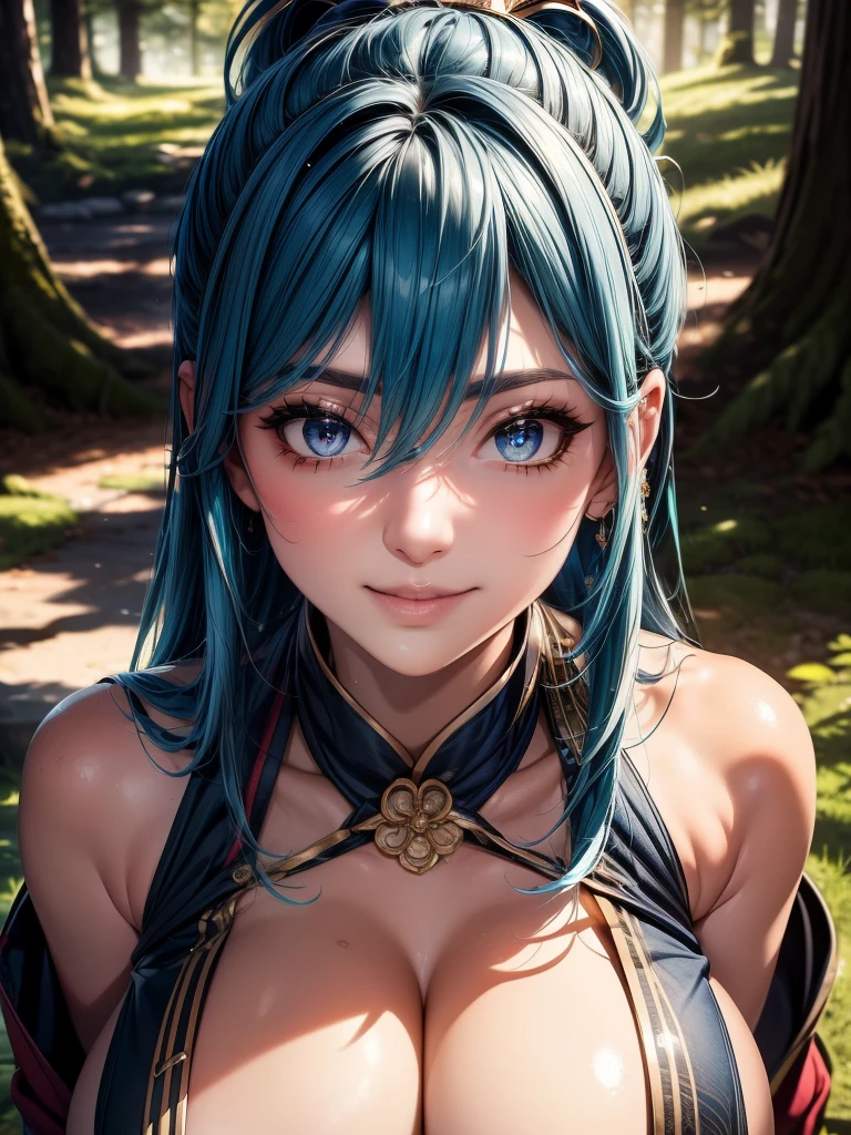 full body glamour shot, {{{masterpiece}}}, {{{best quality}}}, {{ultra-detailed}}, {cinematic lighting}, {illustration}, {beautifuly detailed eyes}, {1girl}, extremely detailed, 1girl, solo, flirtatious pose, A beautiful shinobi warrior, blue hair in a long ponytail, wearing gold and blue clothing, warrior, playful smile, purple eyes, huge breasts, cleavage, hourglass figure, facing viewer, outdoors, woodland background, highly detailed face and clothing, slightly narrow eyes, perfect face, fair skin, hair bangs, long hair, noble beautiful, traditional Japanese clothing, shinobi woman, dynamic camera angle, from above and to the side