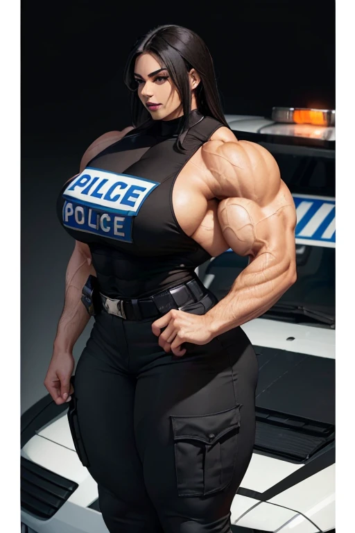 ((((Massive, tall, beautiful, buff, light brown skinned muscular policewoman with jet black hair, black lipstick, ginormous bulky muscles standing near a police car and wearing a sleeveless police uniform with pants)))), close view, vascular, massive muscles, massive biceps, hyper muscle triceps, (straight long hair), orange eyes, high heels boots, (city surrounded with police cars), evening, closed smile, hyper muscles arms, hyper muscle legs, massively buff arms.