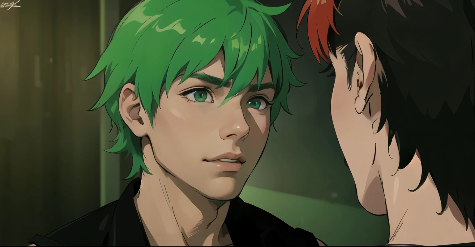 There are two 16-year-old boys who look at each other's faces and speak to them, green eyes, green hair.