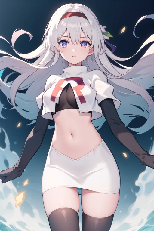 1girl, firefly \(honkai: star rail\), solo, hairband, hair ornament, cowboy shot, floating hair, depth of field, team rocket,team rocket uniform,white skirt,red letter R,crop top,black thigh-highs,black elbow gloves