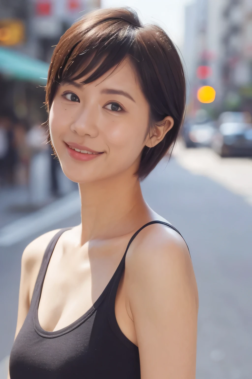 NSFW:1.5,((highest quality、8k resolution、Master Masterpiece、Portraiture:1.3)), Photorealistic, 35mm Film, 1 Japanese female, Upper Body、On the street during the day, Wrinkles around the eyes、Pixie Cut_boyish,Voluptuous body、Cleavage、smile,((tanktop:1.3)) , (Outdoor:city street 1.3), Jumbled background,Look at the audience,Tokyo cityscape:1.3,Shut your mouth.
