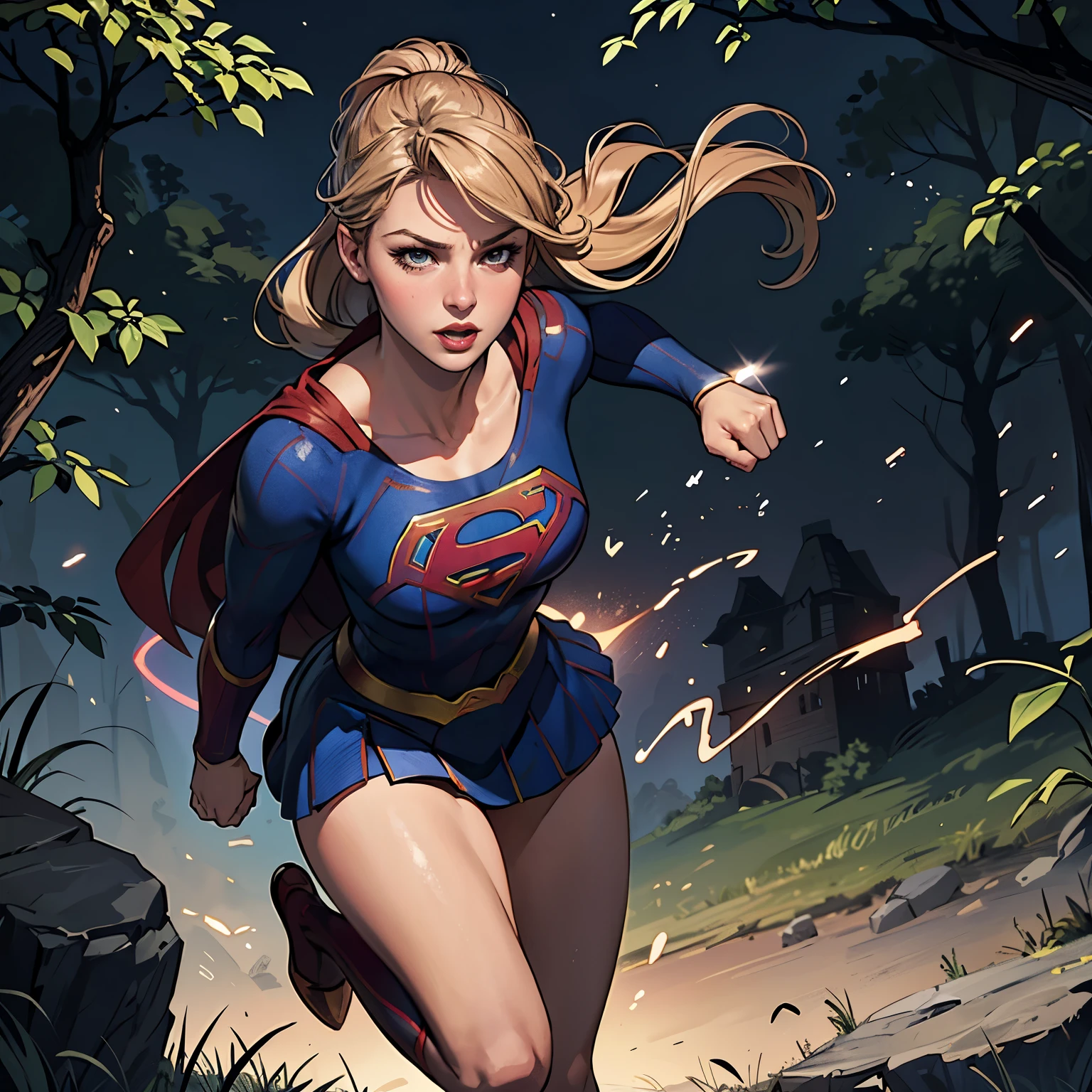 ((highest quality)), ((masterpiece)), (be familiar with), (High definition), (Realistic), (Realistic), (Best Shadow), Low contrast, (Complex:1.4), Side lighting, 8K, ((melissa Benoist)), ((SUPER GIRL)), Perfect Face、Detailed、(Accurate hand and finger depiction)、supergirl women、Blonde、Voluptuous body、Large Breasts、Narrow waist、Big Ass、Alluring、glamorous、(Action Scenes)、((Two thugs))、Supergirl&#39;s punch to defeat the villain、sweating、On the grass、in the deep forest、blue sky