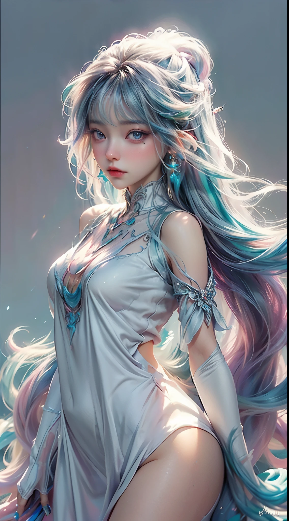 beautiful girl, puffy white layered ballgown, vibrant pastel colors, (colorful), long colorful liquid hair, magical lights, sparkling magical liquid, inspired by Glen Keane, inspired by Lois van Baarle, disney art style, by Lois van Baarle, glowing aura ar