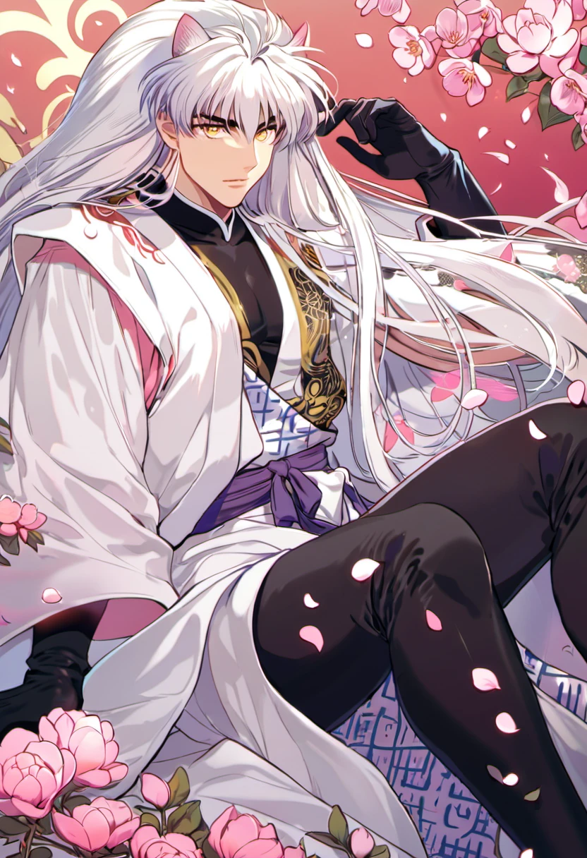 Ultra detailed, Highres, absurdres, Sesshomaru, white long hair, golden eyes, from Inuyasha, white long coat with patterns, pink flowers, petals, extremely handsome, sexy man, solo, very detailed eyes and face, black gloves, black pants, pink butterflies, black tight t-shirt,
