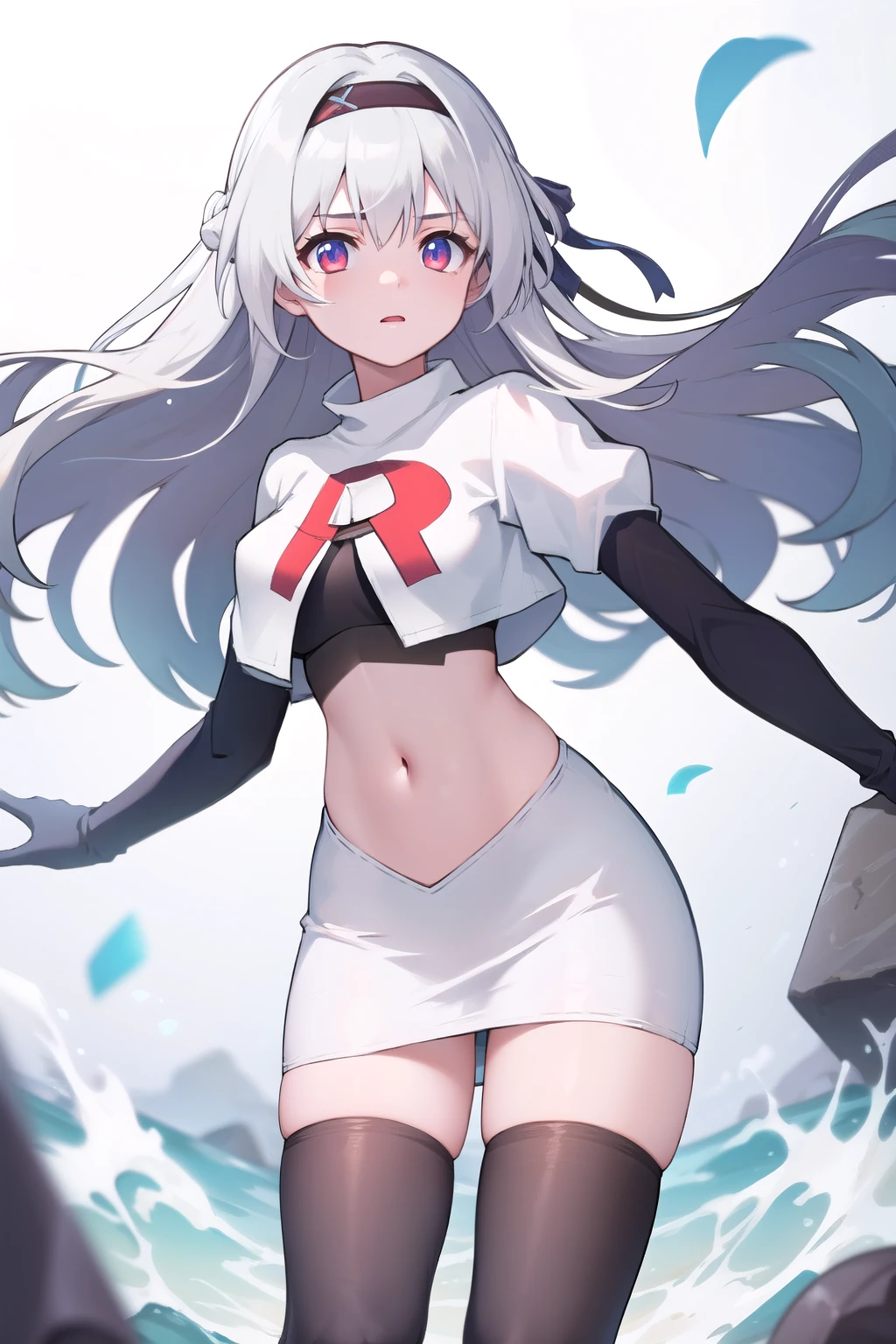 1girl, firefly \(honkai: star rail\), solo, hairband, hair ornament, cowboy shot, floating hair, depth of field, team rocket,team rocket uniform,white skirt,red letter R,crop top,black thigh-highs,black elbow gloves