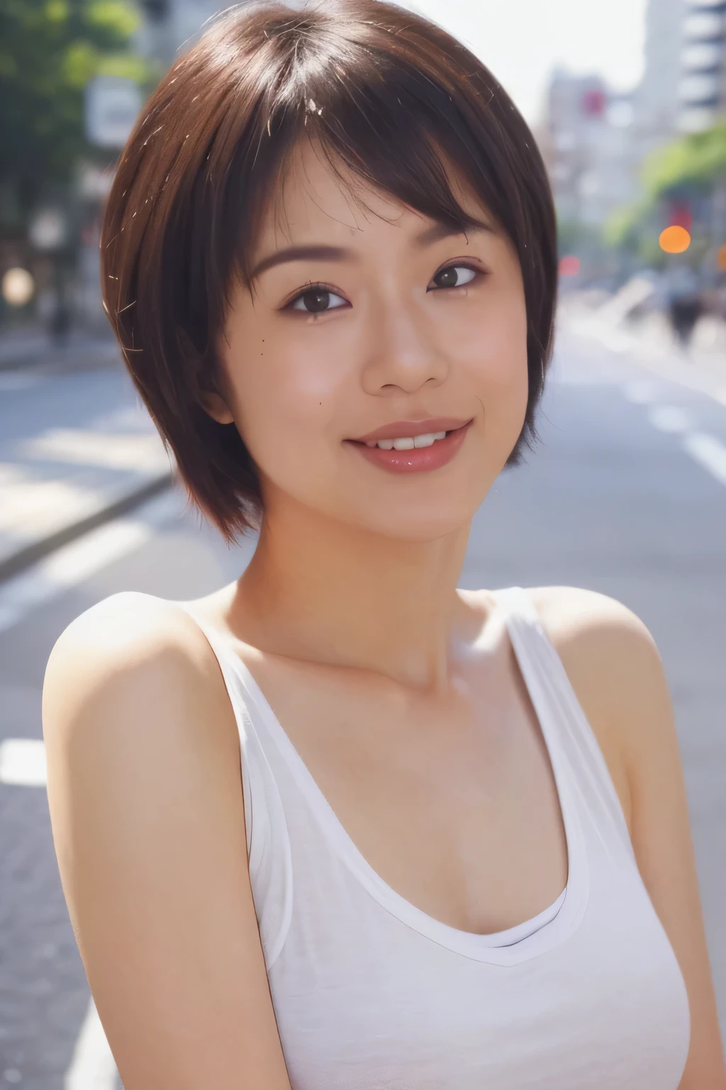NSFW:1.5,((highest quality、8k resolution、Master Masterpiece、Portraiture:1.3)), Photorealistic, 35mm Film, 1 Japanese female, Upper Body、On the street during the day, Wrinkles around the eyes、Pixie Cut_boyish,Voluptuous body、Cleavage、smile,((tanktop:1.3)) , (Outdoor:city street 1.3), Jumbled background,Look at the audience,Tokyo cityscape:1.3,Shut your mouth.