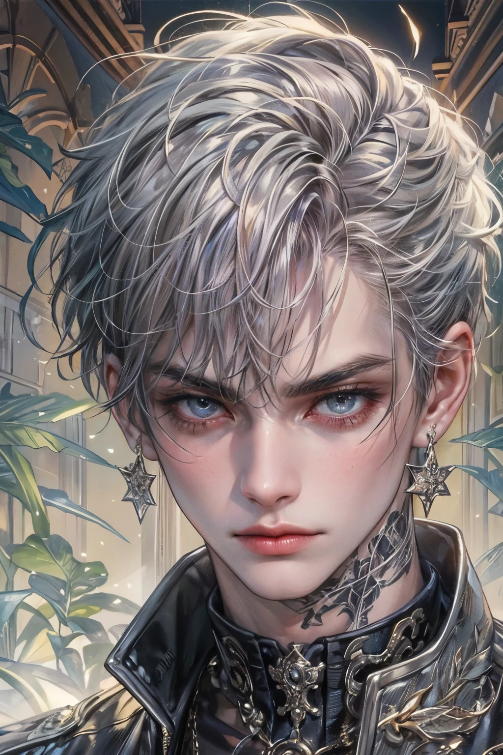 (masterpiece, top quality, best quality, official art, enchanting and aesthetic:1.2), (1 boy), angry face, male, guy, face focus, smokey eyes, teen guy, young man , emo, gothic emo look, extremely detailed, gothic ornate jewellery, nose piercing, choker, punk style, pale skin (realistic art:1.3),highest detail, kenouji, Teen, boy, young man, male, short hair, close-up face, perfect face, extremely clean details, extremely detailed gothic surrounding interior, calming view on window