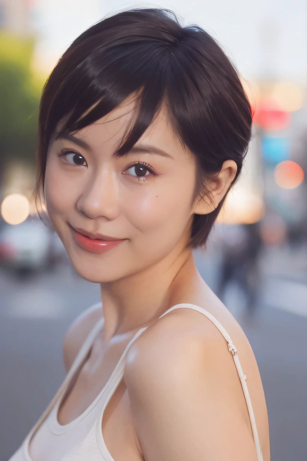 NSFW:1.5,((highest quality、8k resolution、Master Masterpiece、Portraiture:1.3)), Photorealistic, 35mm Film, 1 Japanese female, Upper Body、On the street during the day, Wrinkles around the eyes、Pixie Cut_boyish,Voluptuous body、Cleavage、smile,((tanktop:1.3)) , (Outdoor:city street 1.3), Jumbled background,Look at the audience,Tokyo cityscape:1.3,Shut your mouth.