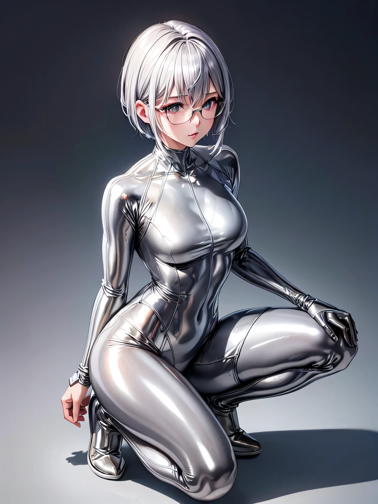 Highest quality 8K UHD、Mastepiece、Upper Body、short hair、Wide-open legs、Squatting with legs apart、Silver Hair、Glasses、Full body shiny silver tights、A beautiful woman wearing a silver metallic suit、Full body silver metallic rubber suit