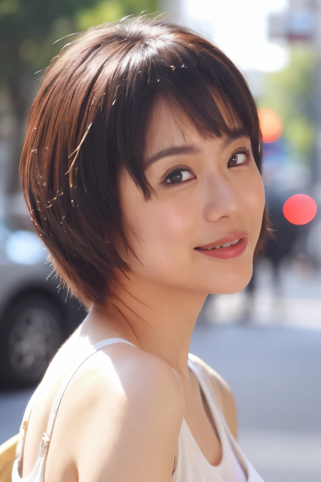 NSFW:1.5,((highest quality、8k resolution、Master Masterpiece、Portraiture:1.3)), Photorealistic, 35mm Film, 1 Japanese female, Upper Body、On the street during the day, Wrinkles around the eyes、Pixie Cut_boyish,Voluptuous body、Cleavage、smile,((tanktop:1.3)) , (Outdoor:city street 1.3), Jumbled background,Look at the audience,Tokyo cityscape:1.3,Shut your mouth.