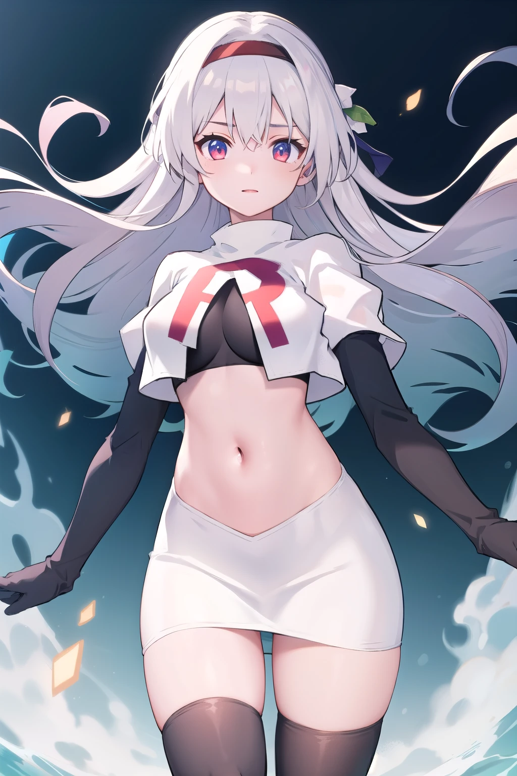 1girl, firefly \(honkai: star rail\), solo, hairband, hair ornament, cowboy shot, floating hair, depth of field, team rocket,team rocket uniform,white skirt,red letter R,crop top,black thigh-highs,black elbow gloves