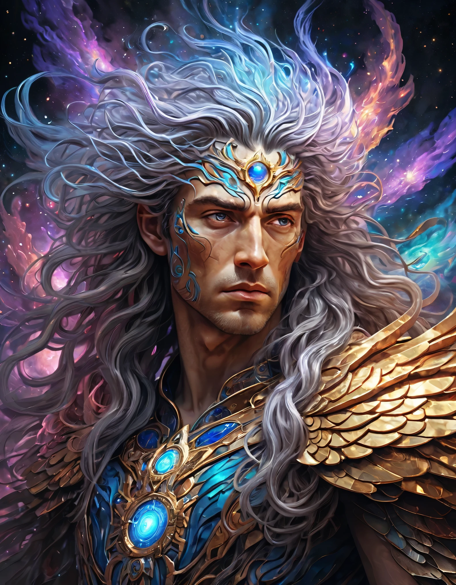 guts, metatron, splendid, magnificent, digital painting, realistic style, detailed textures, vibrant colors, dynamic lighting, high-contrast, ultra-detailed, powerful presence, intense eyes, flowing hair, intricate design, divine aura, ethereal atmosphere, intricate patterns, awe-inspiring, grandeur, heavenly, otherworldly, majestic, celestial, mystical, cosmic energy