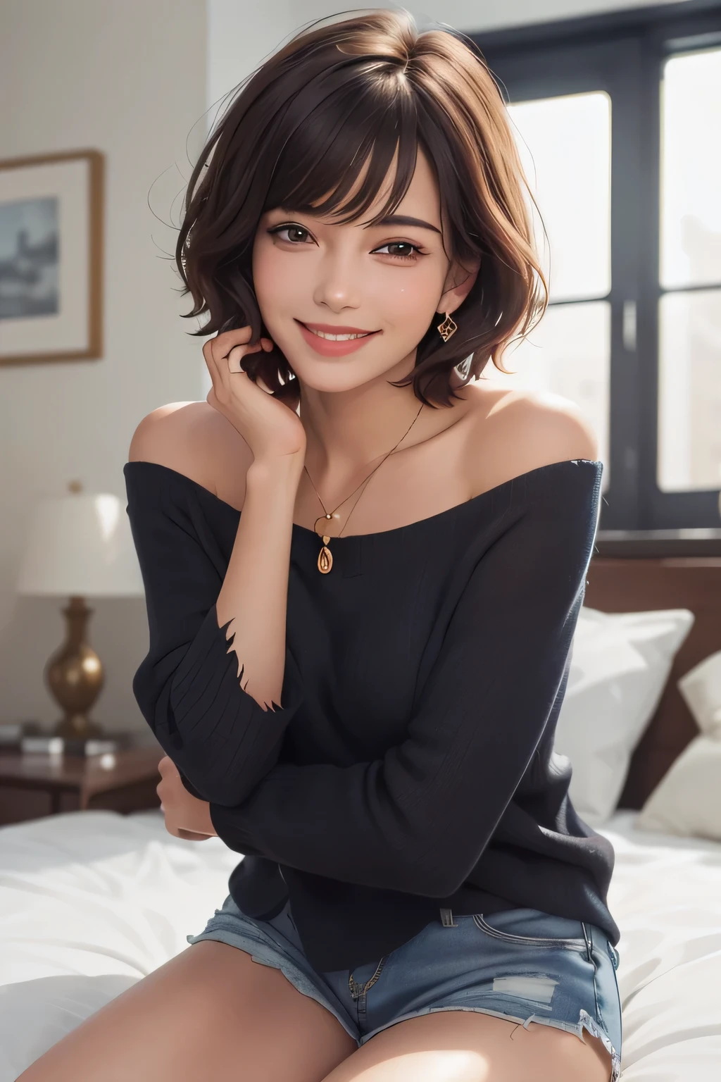 (top quality, 8k, masterpiece: 1.3), pretty woman with perfect figure: 1.4, dark brown hair, big, wearing pendants, torn shorts, sleeping in bedroom, very detailed face and skin, detailed eyes, double eyelids, top quality, masterpiece, (photorealistic: 1.4), one woman, golden ratio, high angle shot, upper eye care, low angle shot, perfect face, beautiful figure, cute face, face close-up, zoom in on face, short bob, short hair, smile from different angles, smile, bangs, cute smile, bust, off-shoulder, refreshing charm, elegant, perfect hands, smile from angle, smile, shiny, highlight, glossy skin, bangs, bust, big, Warm off-shoulder, refreshing charm, ears out, gaze to the camera, poses at different angles