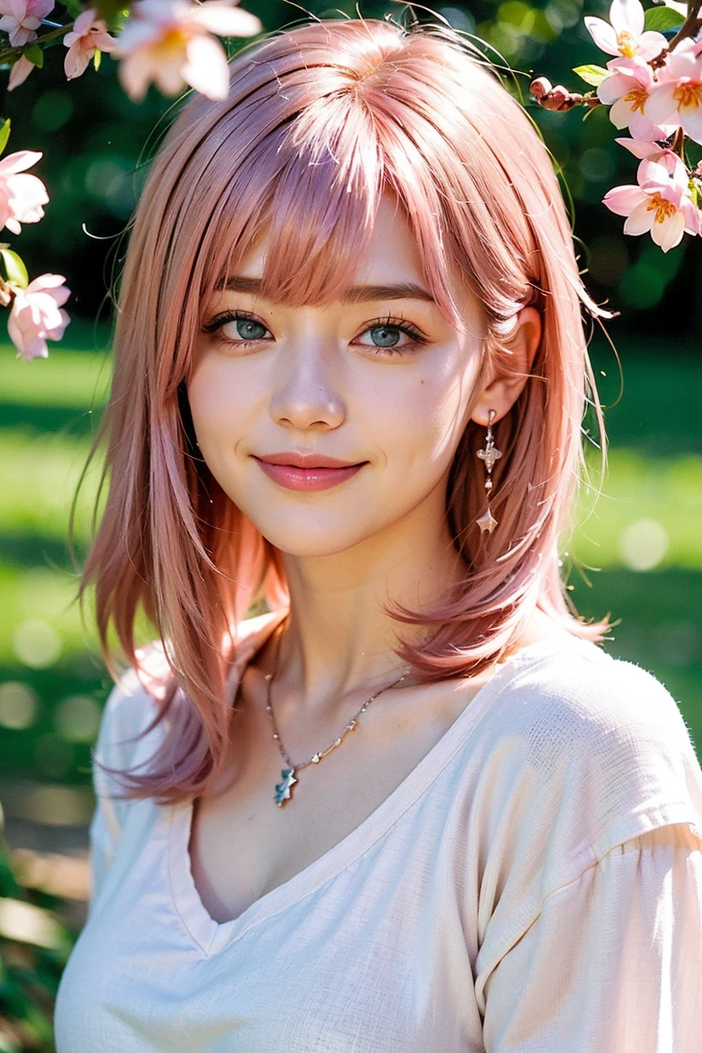 Save this image、Pale face and eyes:1.3、薄くてPale face and eyes:1.3, blue eyes:1.3、{highest quality}, {{masterpiece}}, {Very delicate and beautiful}, Extraordinary light and shadow, Highly detailed wallpaper, Sunny and bright, whole body, whole body、 1 girl, , blush:1.2、(Bushy pink hair:1.5)、Cut your bangs evenly at eyebrow height:1.5、Dark eyeliner、Thick eyebrows、Heavy makeup、Strong sunlight:1.5, (Floral dress)、 Delicate Hair,Realistic skin texture, B cup breasts、Visible wrinkles on the skin., Broad shoulders:1.5, ((A strong light shines on your face:1.5))、necklace、ring、earrings、(Smiling with teeth showing:1,5)、Background of a park with cherry blossoms in full bloom:1.5, Ray Tracing、Sit cross-legged on a bench:1.5